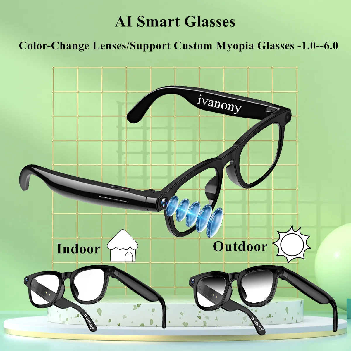 

Smart Glasses Prescription Lenses 800W Camera 1080P HD Video Recording Conversation Translate AI Image Recognition 16GB Glasses