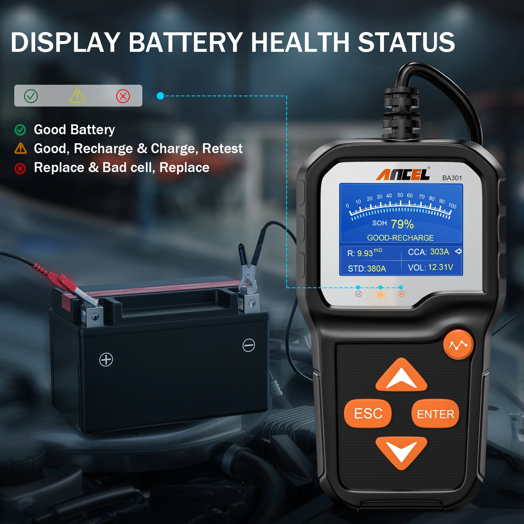 ANCEL BA301 6V 12V Car Battery Tester Analyzer Automotive Battery Cranking Charging load Circuit Test Tools for Car/Motorcycle