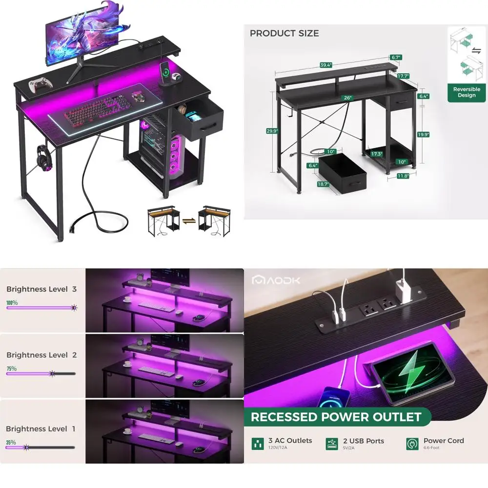 

Игровой стол со светодиодной подсветкой и розеткой, 40-дюймовый компьютерный стол с выдвижным ящиком, двусторонний небольшой стол с подставкой для монитора и головкой