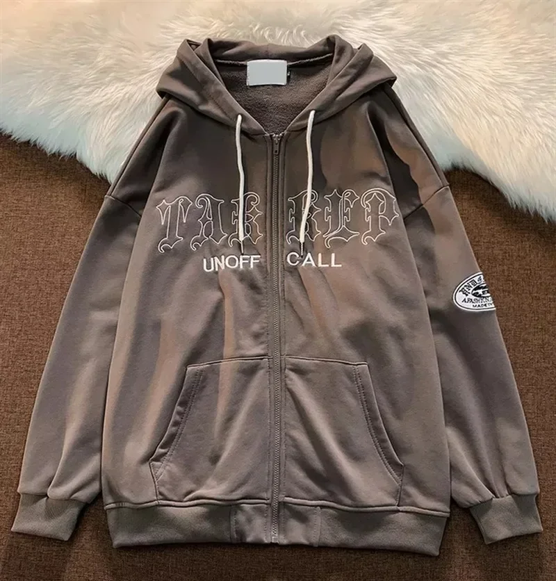 

Gothic Embroidery Hoodies Women Retro Harajuku Hip Hop Jacket Zip Up Hoodie Korean Casual Loose Sweatshirt Y2K Streetwear 후드티