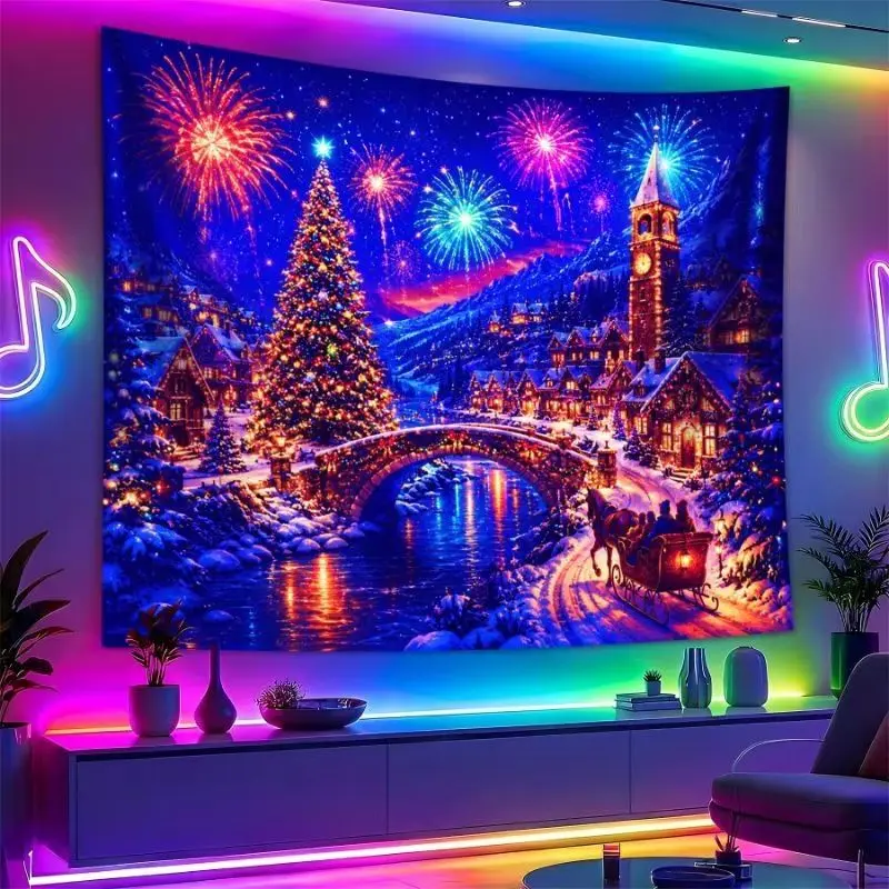 VIKAMA Xmas Village Tapestry Fireworks Tree Sleigh Night Wall Art Xmas Art for Bedroom Living Space Party Decor