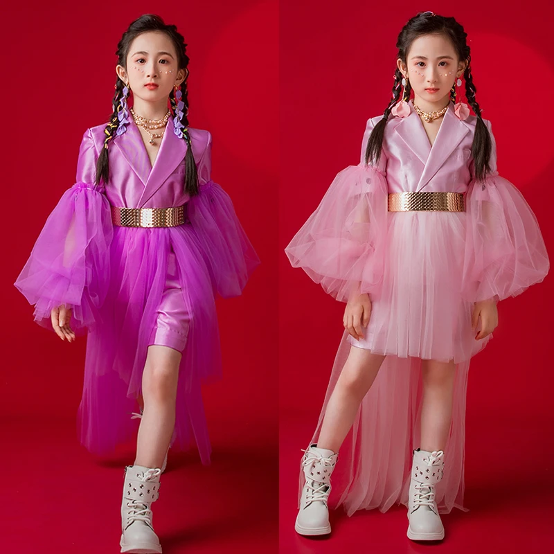 

Mesh Puff Sleeves Coat Shorts Girls Jazz Clothes New Kids Hip Hop Jazz Dance Costumes Children'S Stage Catwalk Outfits