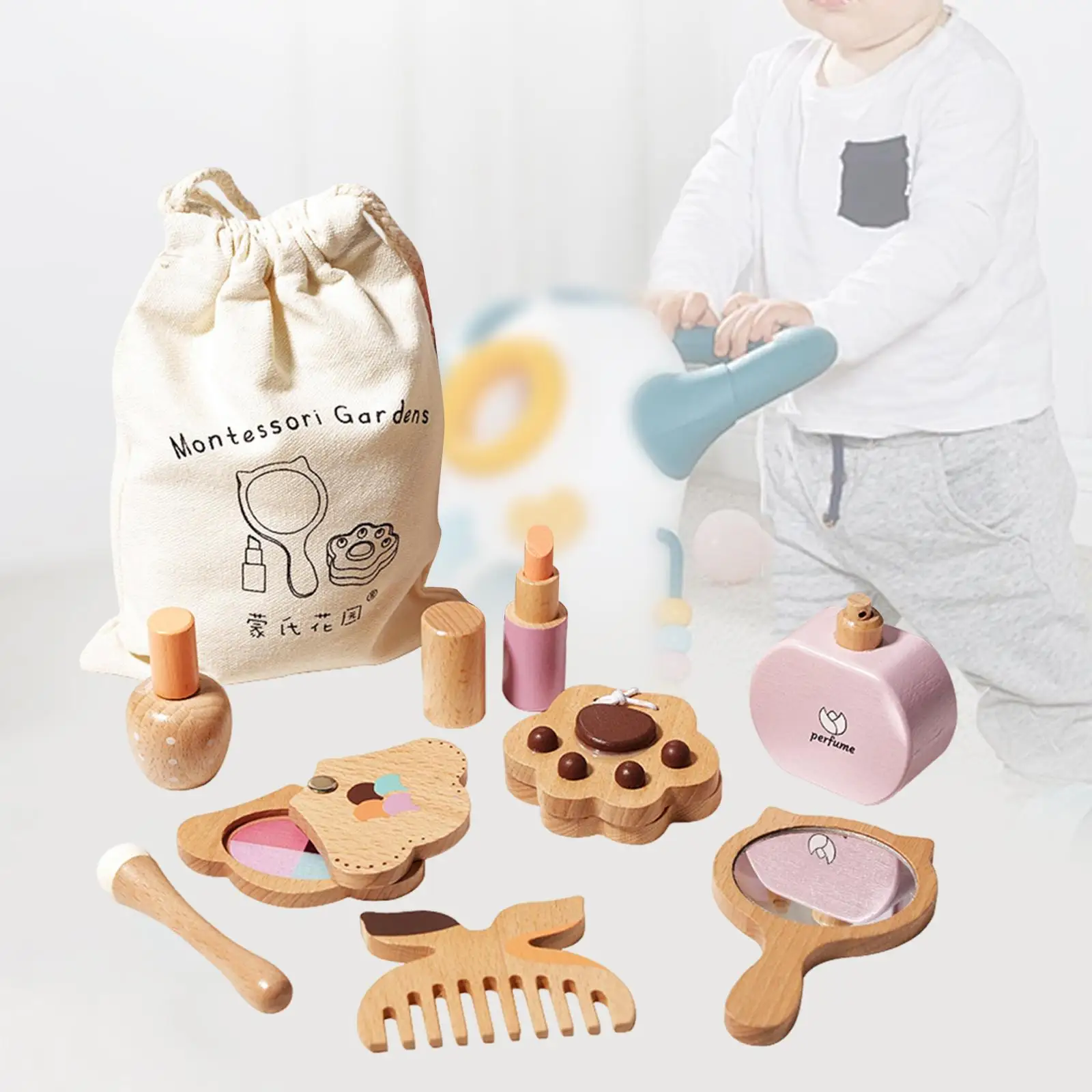 Kids Makeup Kit Wooden Kids Vanity Set Beauty Toy Wooden Dressing Table Playset Pretend Play for Children Gifts