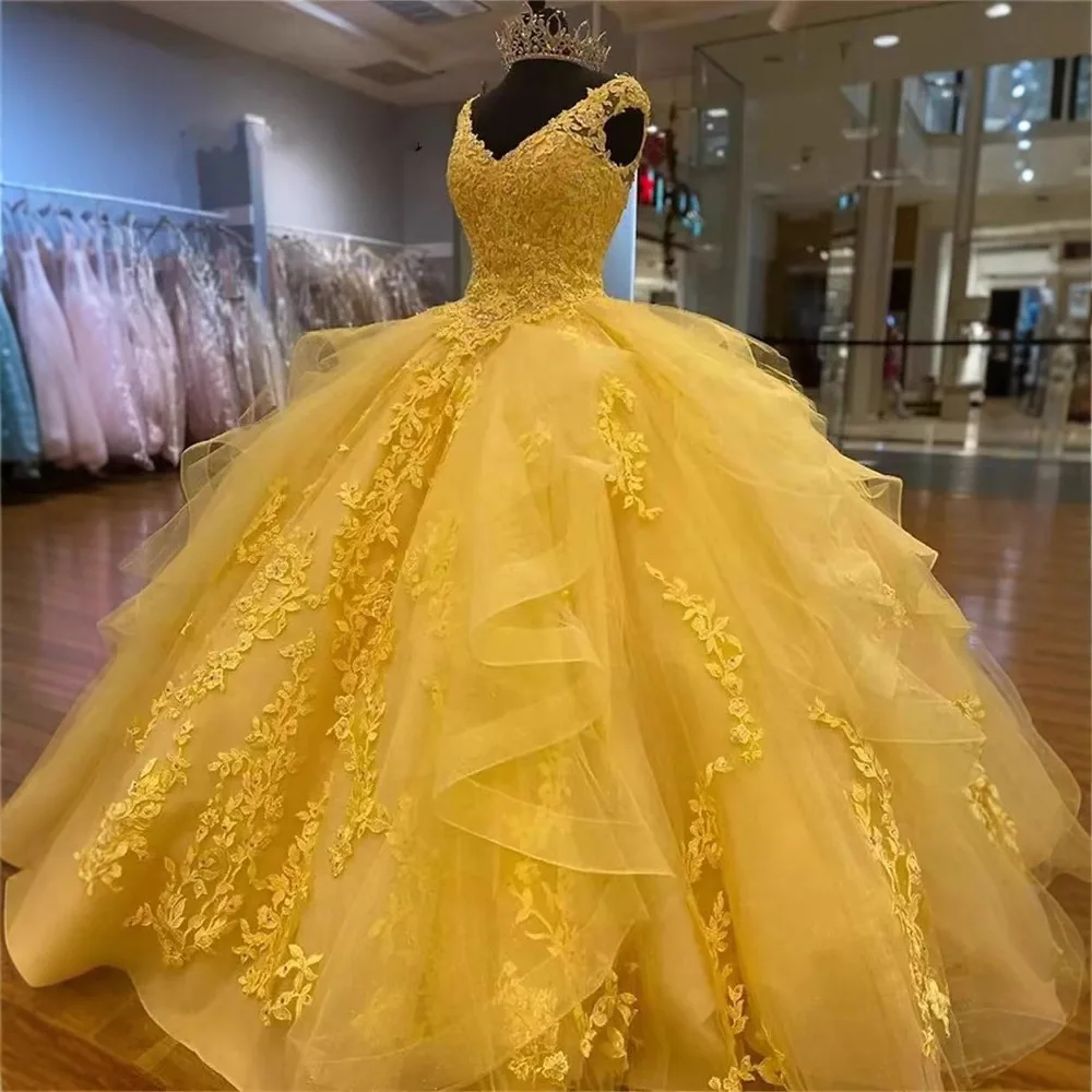   Vestido de baile de tule princ dr v-ne oulder saia longa de cintura alta dupla par dança vestido de noite amarelo