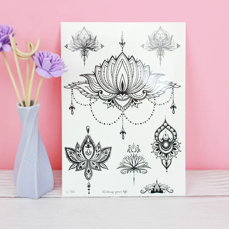 Black Lace Pattern Rose Peony Flower Girls Temporary Tattoos for Waterproof Tattoo Stickers 3D Blossom Lady Shoulder DIY