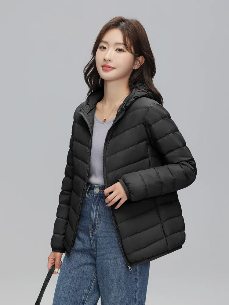 Lightweight Packable Hooded Down Jacket Women Autumn Winter 90% Down Fill Base Layer Jacket Female Solid Color Casual Down Coats