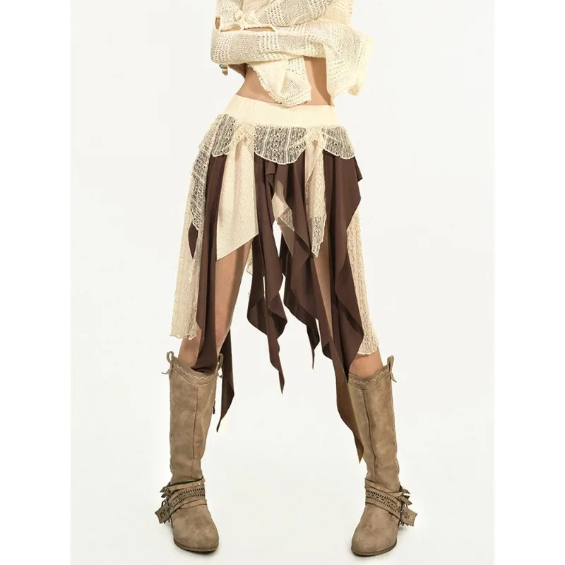 Spódnica damska w stylu koreańskim, patchworkowa, z koronką, kontrastującymi wstążkami, wysoki stan, wyszczuplająca, asymetryczna, niszowy design.