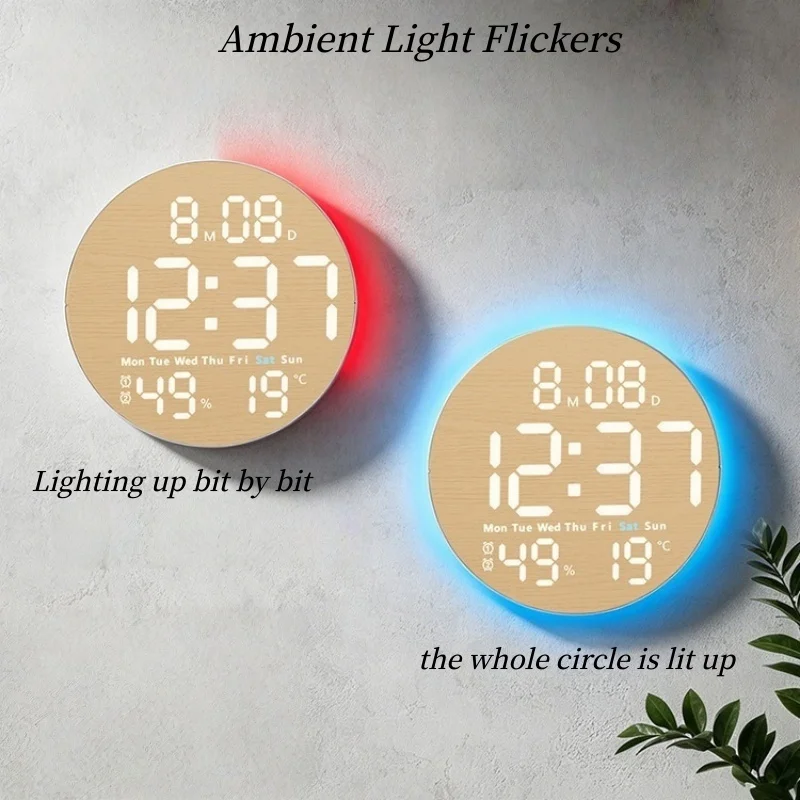 10 Inch Digital Wall Clock with Remote 9 Colors Mood Light  Date TEMP Humidity Timing Auto Dimming LED Alarm Clock for Gym Yoga