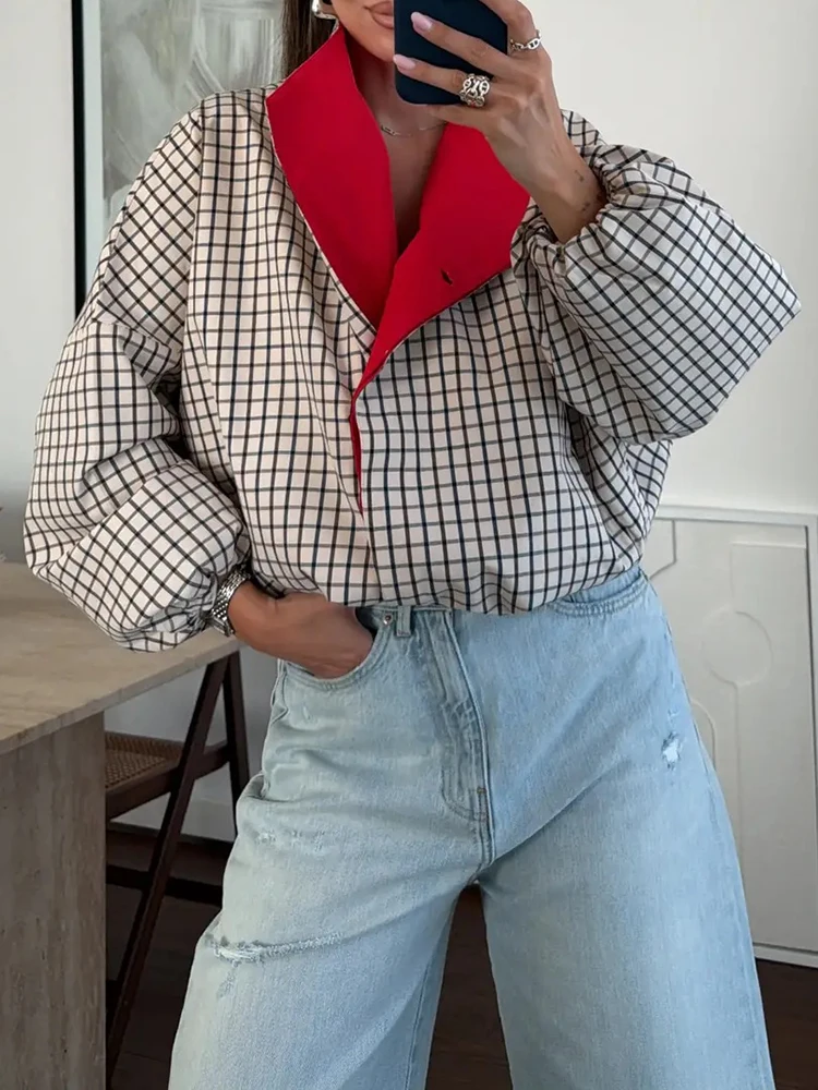 Women Lapel Collar Plaid Loose Jacket Red Contrast Inner Lining Long Sleeve Short Outerwear Fall Street Commute Daily Outfit New