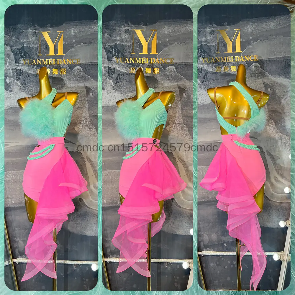 Latin Dance Rhinestone Women's High-end Customized Mint Green+rose Pink Contrasting Samba Performance Dress