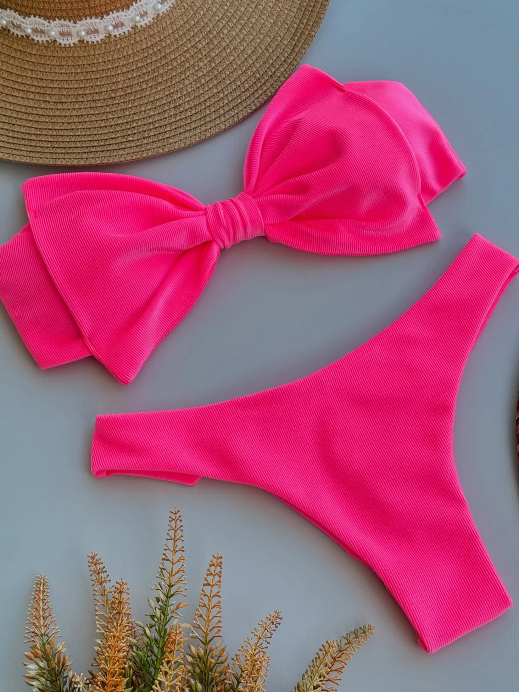 Bow Tie Bikini Sets 2025 New Bandeau Bathing Suit Cute Swimwear Pink Beachwear New Brazil Monokini Biquini Vacation Outfits S334