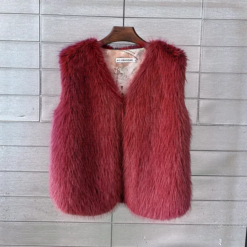 Burgundy Faux Fox Fur Vest 2026 Winter Streetwear Sleeveless Open Front Warm Fluffy Waistcoat American Style Short Outerwear