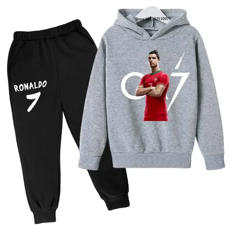 Kids Spring Autumn Football Idol Cr7 Print 2pcs Hoodie+Pants Set Tracksuits 3-13 Years Boy Girls Casual Baby Children Clothes