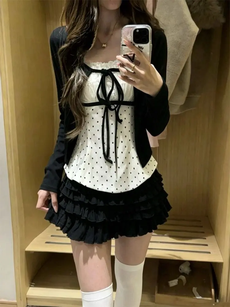 Korean Fashion Polka Dots Lace Bow Tie 3 Piece Set Women Girls Black Tiered Ruffle Mini Skirt Cami Top Short Cardigan Daily Wear