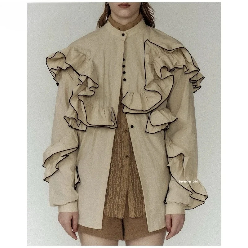 Japanse stijl lente en herfst nieuwe kanten rand vetersluiting single-breasted shirt zoete meisjes veelzijdige effen kleur lange mouw top