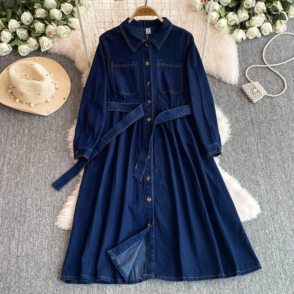 Women French Retro Long-sleeved Denim Dress Female Waist Slimming Temperament A-line Shirt Jeans Dress