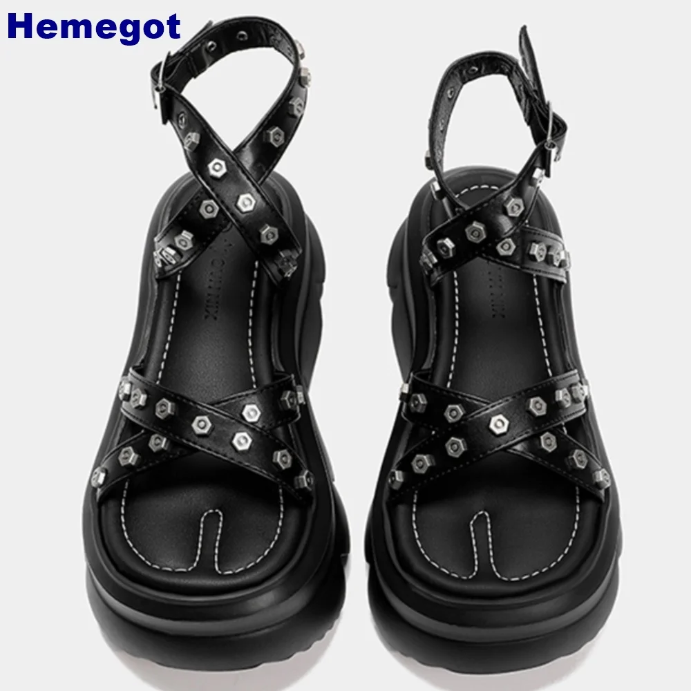 Platform Metal Rivet Roman Sandals Cross Strap Street Style 2024 Summer Outdoor Casual Buckle Sandal Black Fashion Women Sandals