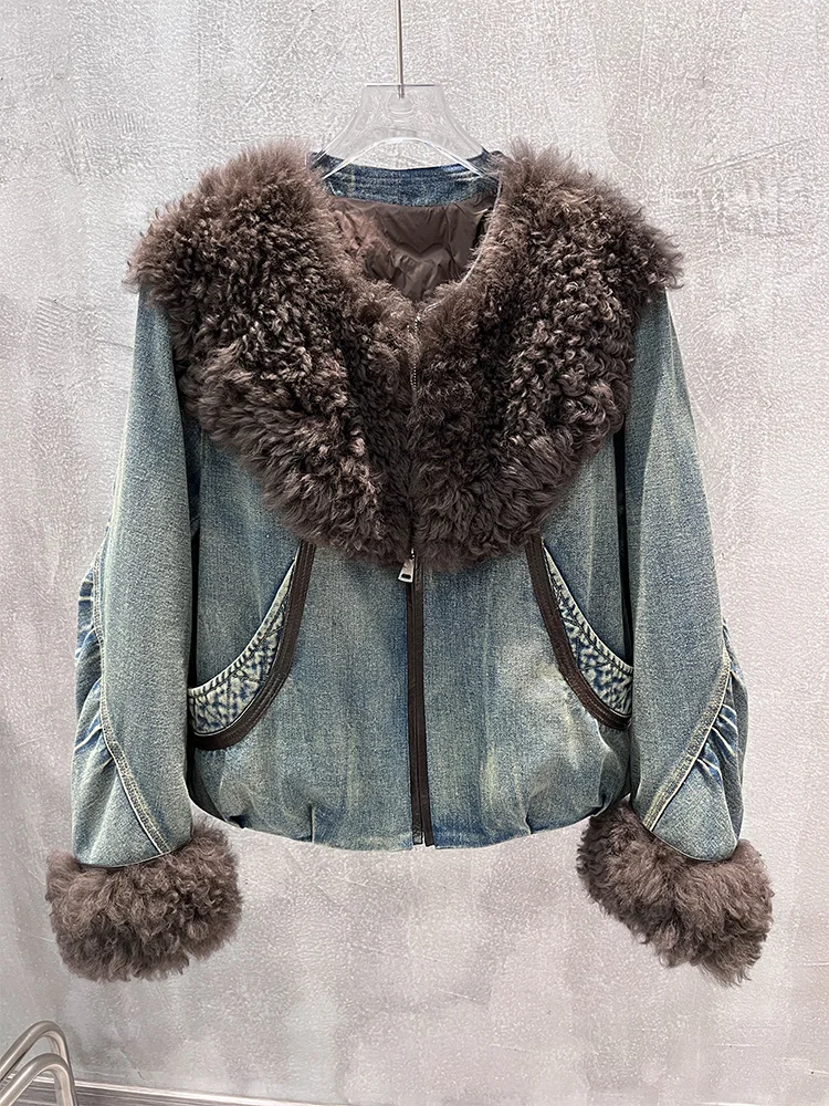 New Winter Women's Goose Down Jacket Natural Real Lamb Sheep Fur Collar Coats Denim Outwear Luxury Female Jacket