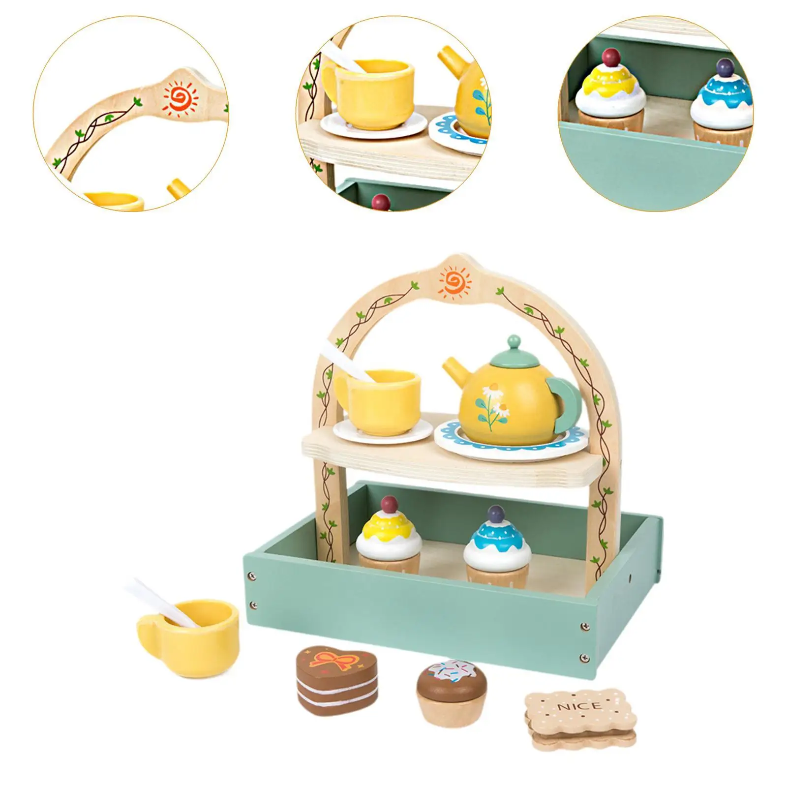 Wooden Tea Party Set Kitchen Accessories Tea Set Wooden Toys for Age 3-6 Kids Children