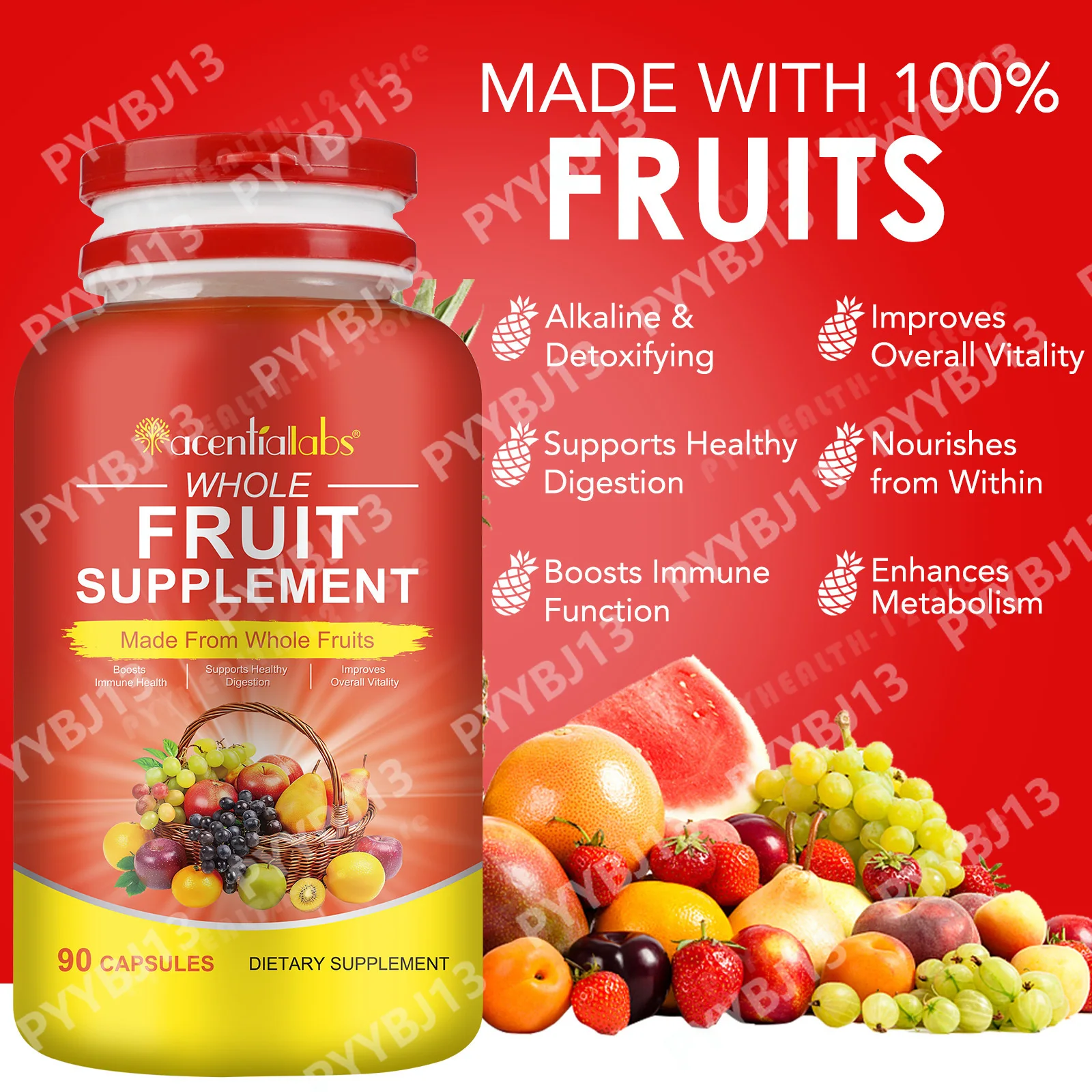 Whole Fruit Vegetable Capsules with Papaya Apple Broccoli Blend for Digestive Health & Immune Wellness Support,Boost ，90 Countn