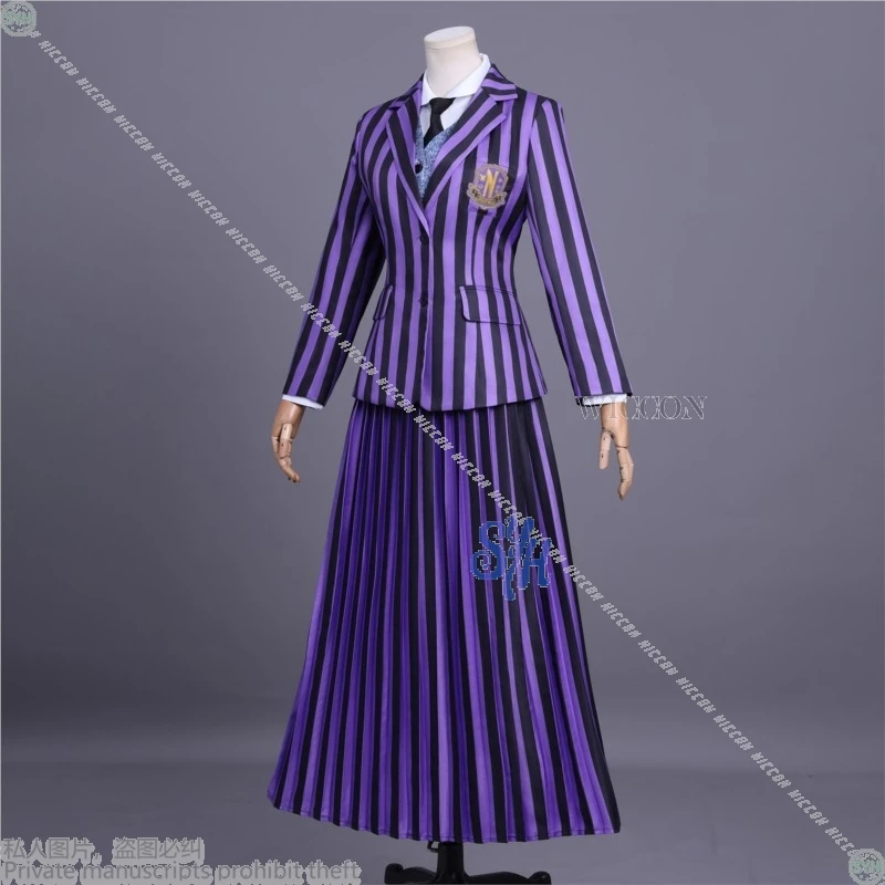 Never More Agnes-Disfraz de Cosplay, uniforme escolar gótico, abrigo de rayas negras y moradas, Lolita, Halloween y Navidad