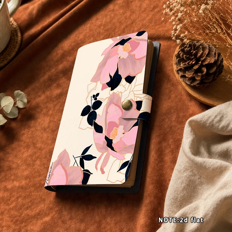 Retro Pink Peony Floral Print PU Leather Notebook A6 Portable Buckle Closure Travel Journal Women Gift School Office Stationery