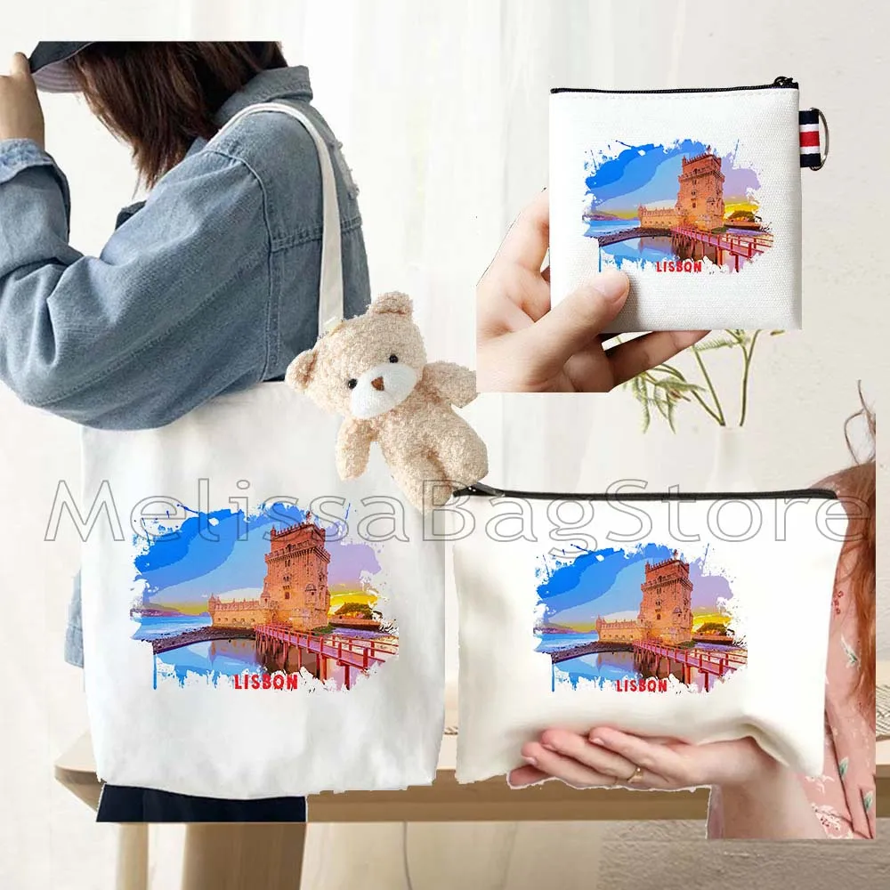 4PCS Gifts Set lisbon Portugal White Canvas Tote Bag Handbag with Doll Key Coin Purse Cosmetic Makeup Toilet Bag Case Pouch