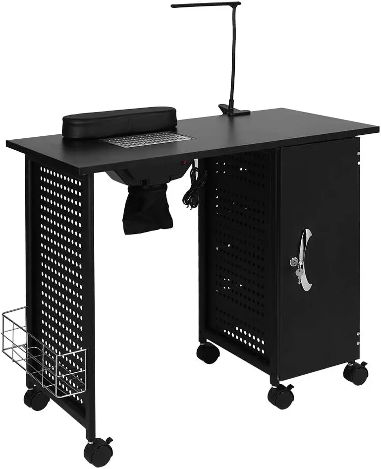 

Manicure Table Nail Desk with Electric Downdraft Vent, Beauty Spa Salon Workstation Iron Frame with Lockable Cabinet,Side Basket