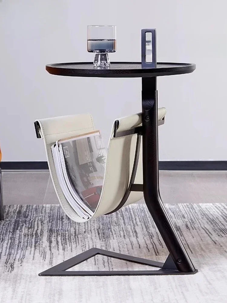 A  Minimalist Saddle Leather Side Table Stainless Steel Storage Rack Light Luxury round Storage Corner Table