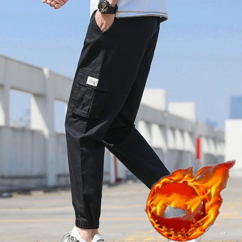 2023 New Men's Clothing Trousers Cargo Mid Waist Drawstring Slim Spring Autumn Casual All-match Solid Color Pockets Pants