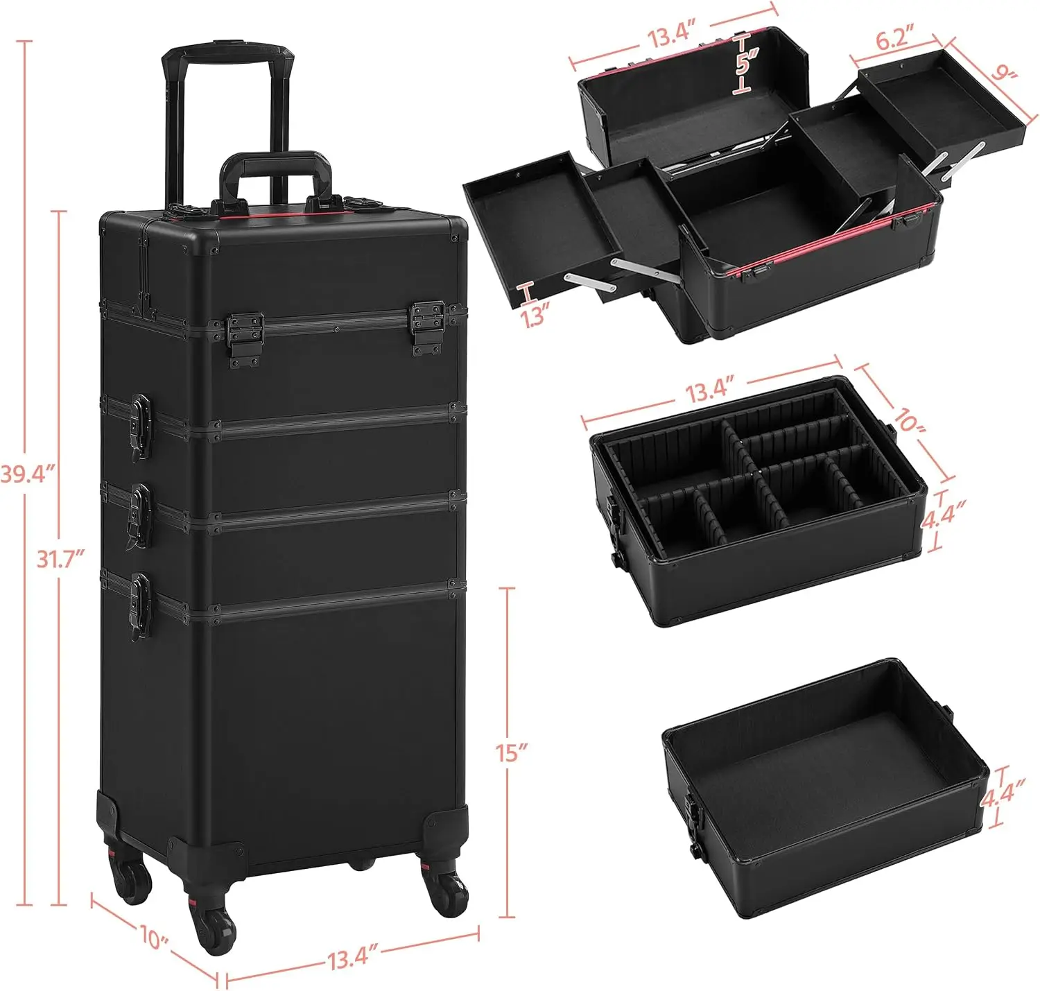 Rolling Makeup Train Case, Cosmetology Storage Cart With Drawers, Travel Salon Nail Beauty Organizer Trolley On Wheels, Mobile Hairstylist Display Box, Modern Black, Set Of One view 2