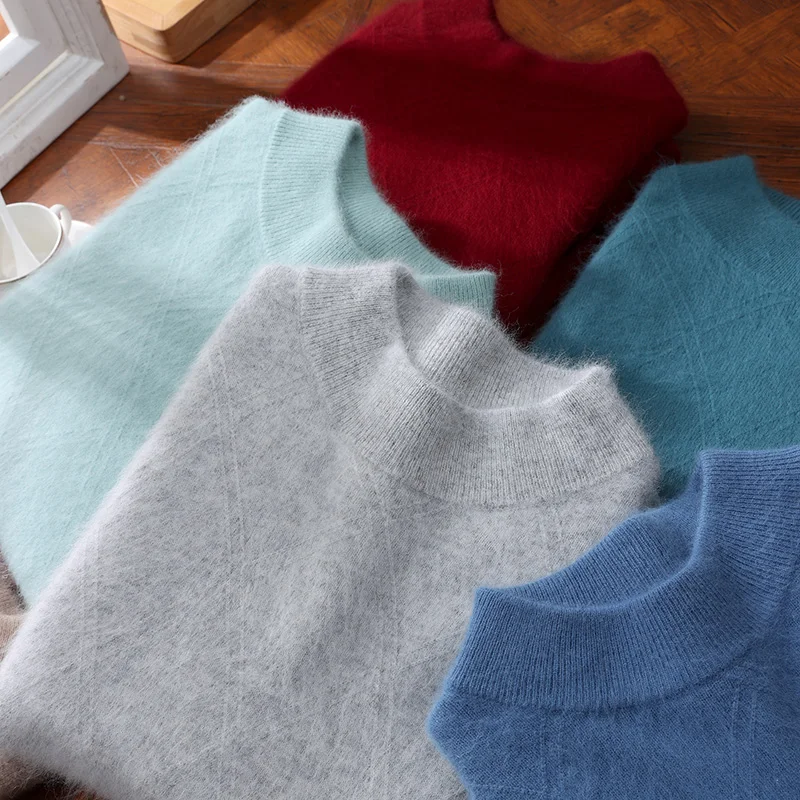 Autumn And Winter New 100% Pure Mink Cashmere Men's Mock Neck Long Sleeve Cashmere Sweater Loose Knit Bottoming Shirt