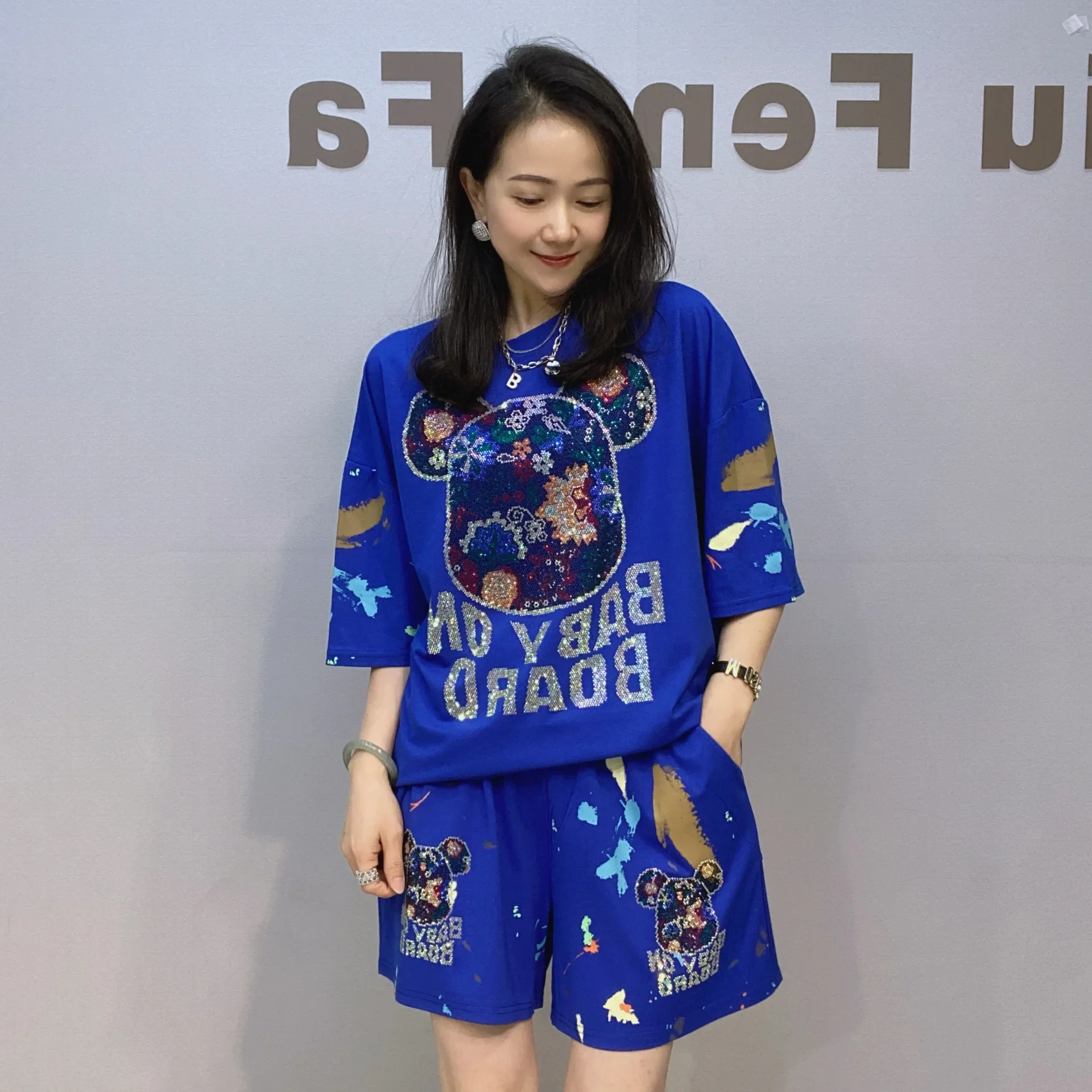 

Two Piece Sets Womens Outifits Bear Cartoon Diamonds Summer Clothing Casual Tracksuit Short Sleeve Sports Suit Костюм Женский