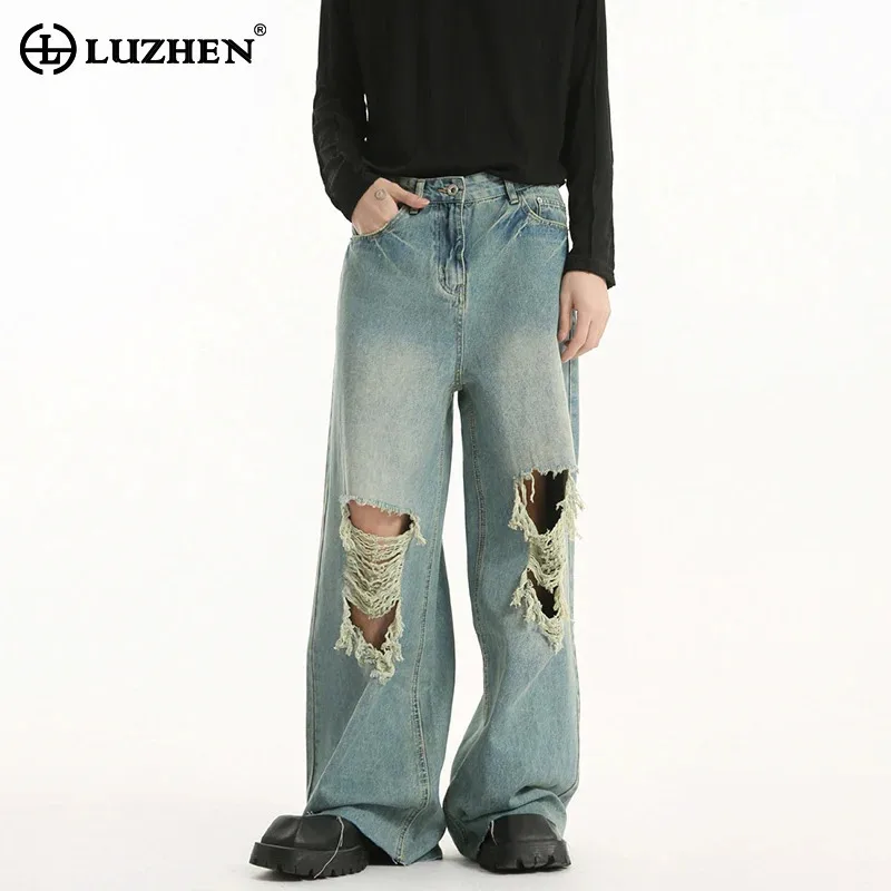 

LUZHEN Broken High Design Street Hole Style Straight Original Denim Pants Men's 2025 New Washed Wornout Wide Leg Jeans JY2602