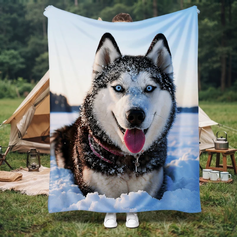 Cute Husky Dog Portrait Throw Blanket Cozy Pet Lover Gift for Couch Home Decor