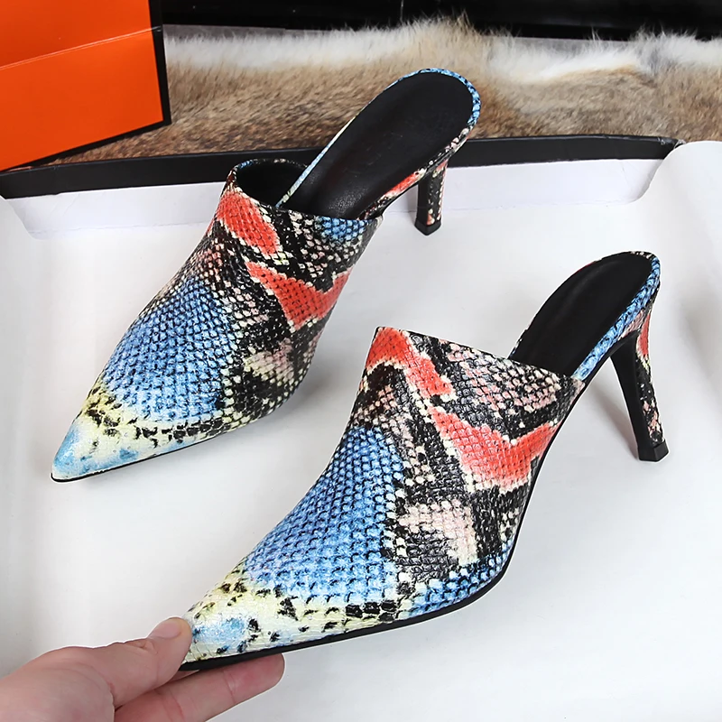 

New Blue Snakeskin Pattern Ladies Summer Shoes Thin Sexy Heel Cup Heel Ladies Slides Fashion Sexy Slippers Female Shoes Casual