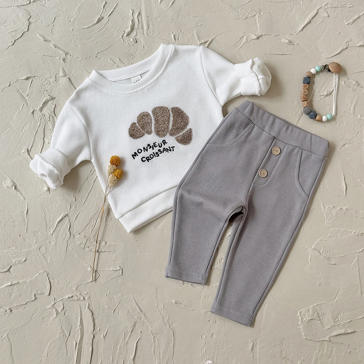 Newborn 2Pcs Clothing Set Unisex Baby Round Neck Croissant Towel Embroidery Top & Solid Gray Pants