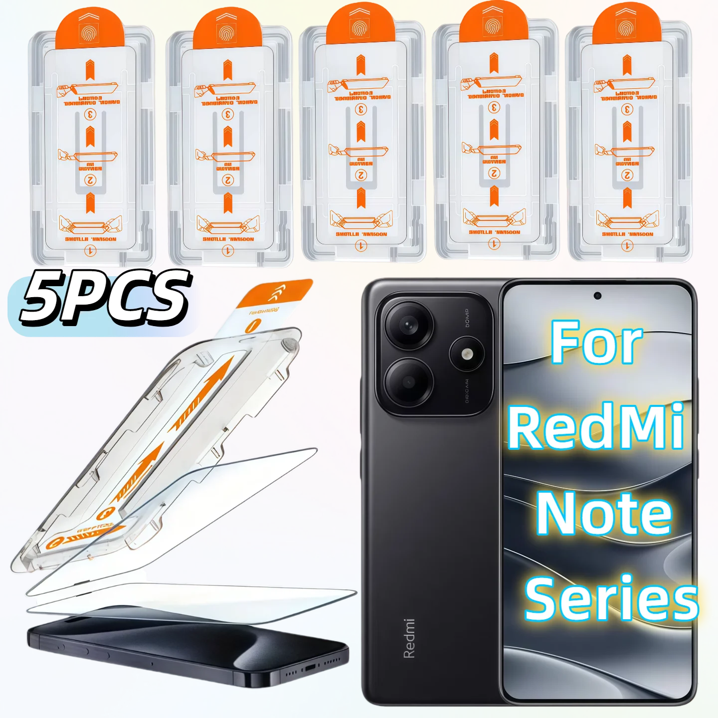 

5-Pack Screen Protector HD Tempered Glass for Redmi Note 6/8 Pro/9/9S/10/11/12/12T Pro/13/14/15 Pro, Bubble-Free, Dust-Free, 9H