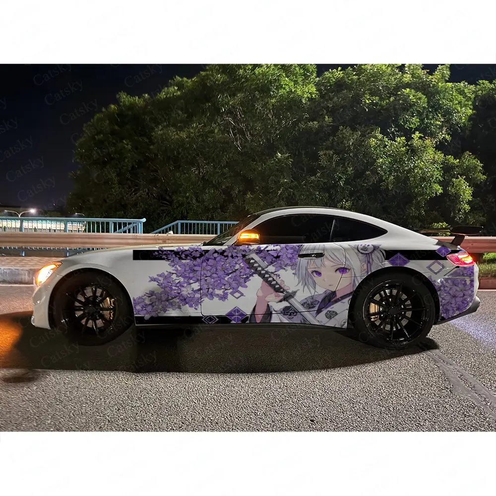 2pcs Purple Flower Samurai Girl Car Side Wraps, Self-Adhesive PVC Waterproof & Scratch-Resistant Stickers, Car Accessory Gift view 6