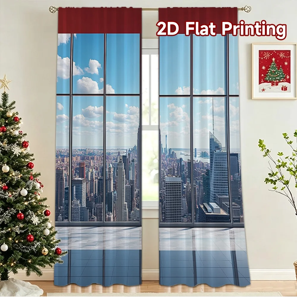 2D flat 2pcs Curtain Vintage drapes and curtains City Skyline View Durable polyester fiber Festive Holiday Perfect for Holiday