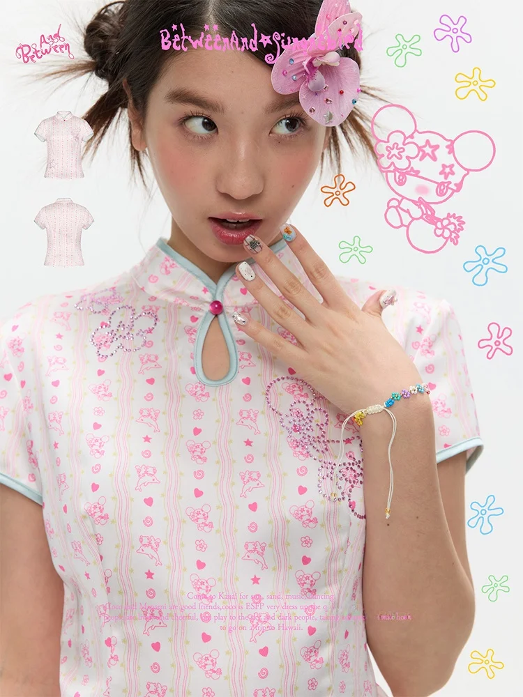 

Летняя футболка с принтом BENANDx ort Sve, женская повседневная футболка с китайской иллюстрацией, украшенная пуговицами, модный топ