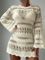 S-XL Long Sleeve Hollow Out Crochet Knitted Tunic Beach Cover Up Cover-ups Beach Dress Beach Wear Beachwear Female Women K5542