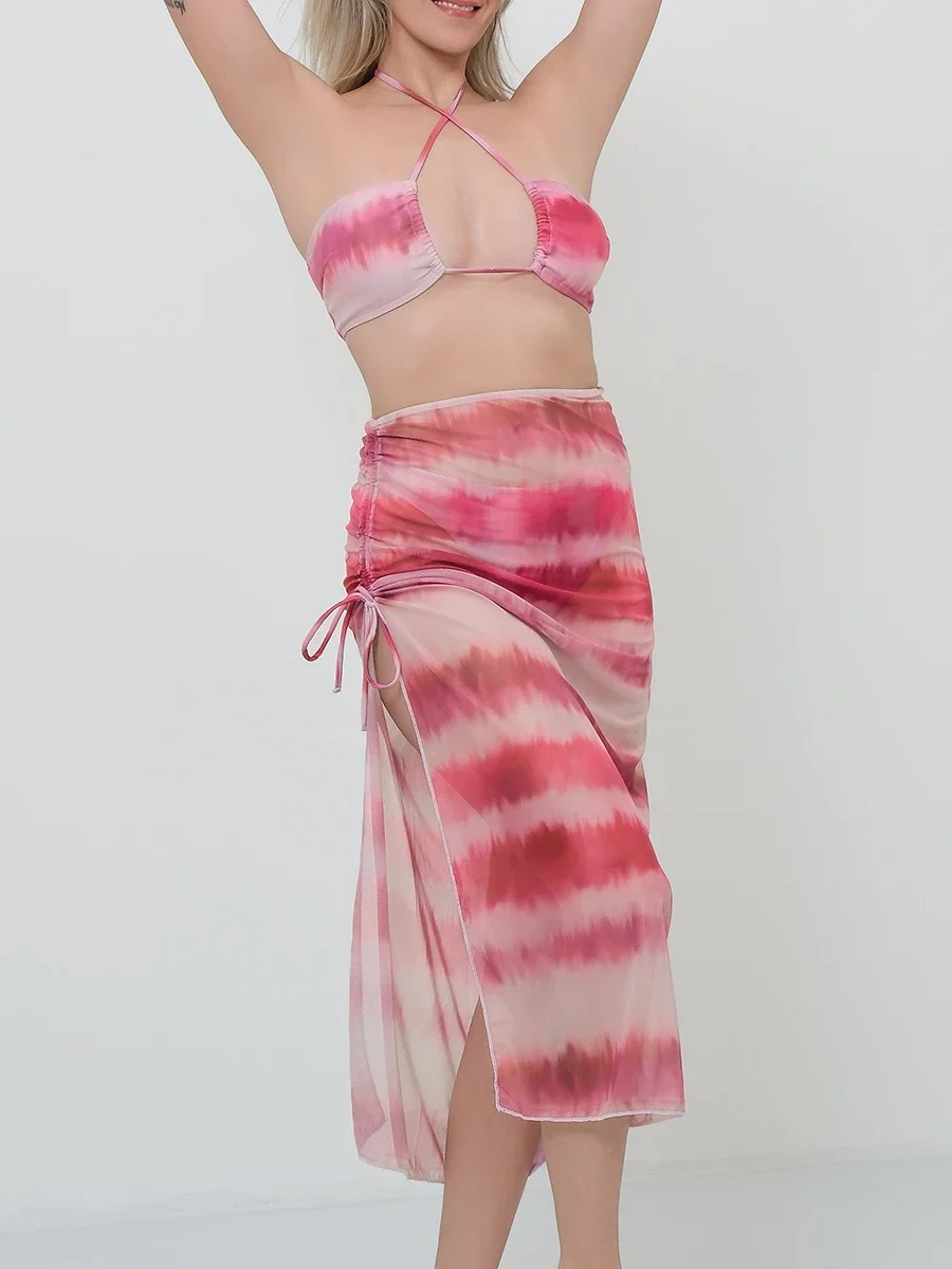 

3 Pieces Halter Bikini 2025 Striped Swimsuit Women With Beach Dress Sexy Swimwear Female Bathers Bathing Swimming Swim Suit