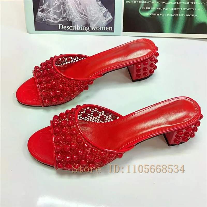 Damen-Sandalen mit Glitzer-Mesh und Nieten, offene Zehenpartie, klobiger Blockabsatz, rückenfreie Slip-On-Slipper für Hochzeit, Abendparty