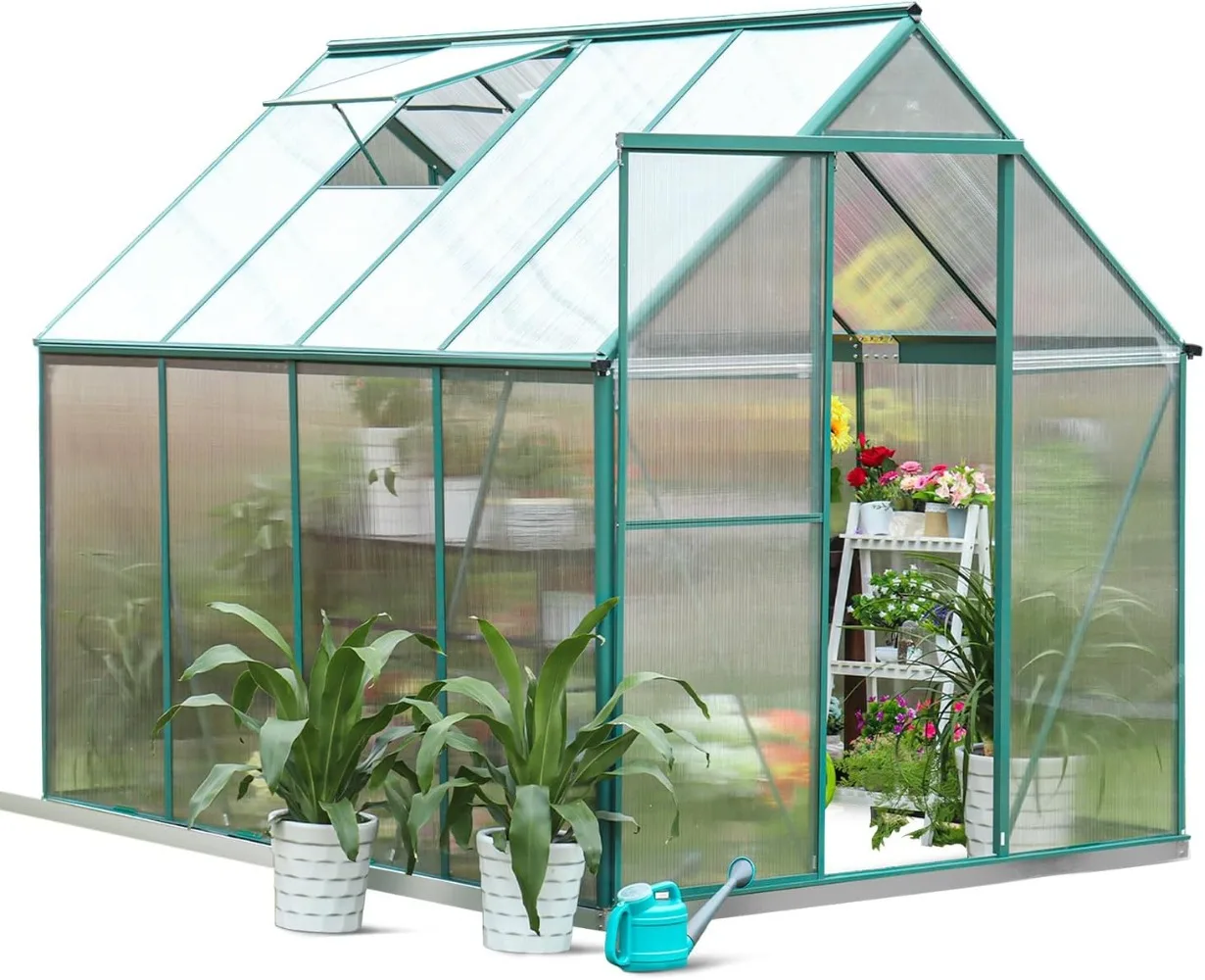 

Polycarbonate Greenhouse Kit, 8x6 ft Easy Assembly Heavy Duty Outdoors Durable Green House with Double Vent Window Lockable Door