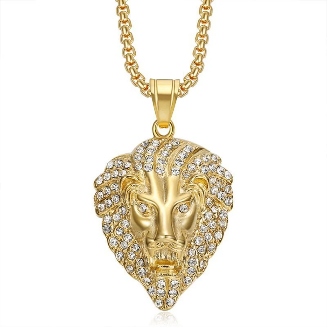 

Punk Iced Out Bling Lion Head Pendant Gold Silver Color Stainless Steel Animal Necklace for Women Men Cool Fashion Jewelry Gift