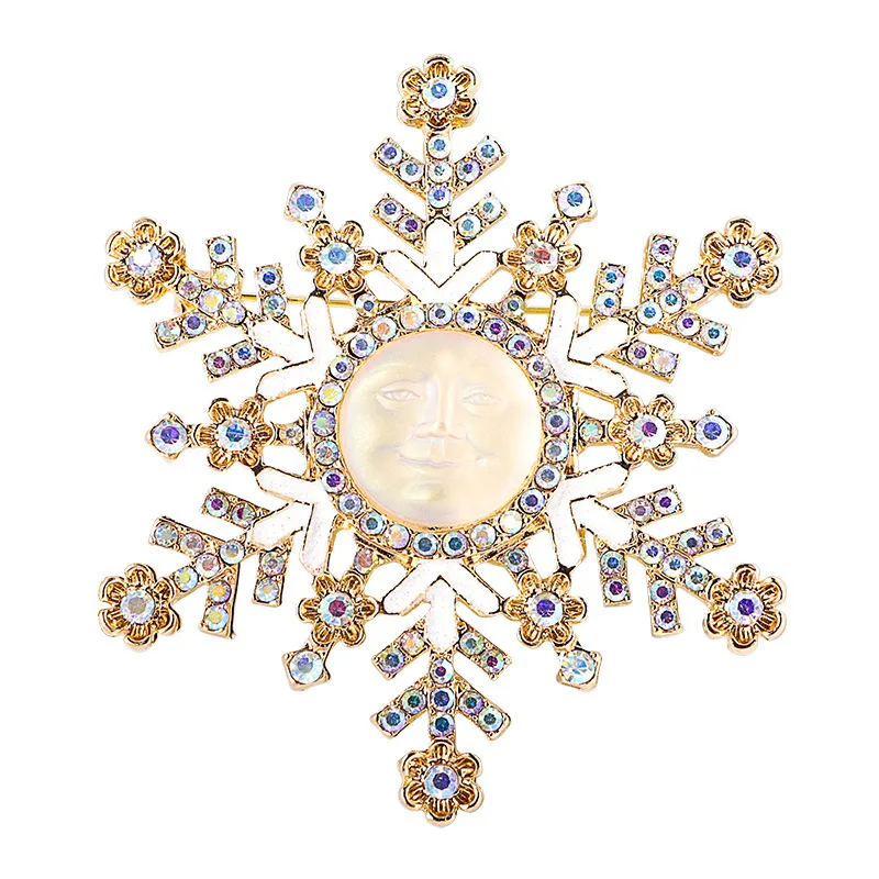 

MITTO FASHION JEWELRIES AND HIGH-END ACCESSORIES RHINESTONE PAVED SNOWFLAKE MOON FACE VINTAGE PIN WOMEN DRESS BROOCH