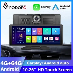 Podofo-Radio con GPS para coche, 10,26 reproductor Multimedia con Android, 4G, 64G, cámara de visión trasera, Carplay, DVR automático, cámara de salpicadero de vídeo