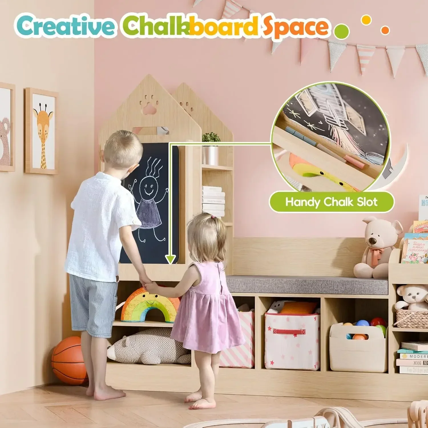 

[Limited Time Offer, Today Only!]Kids Bookshelf with Reading Nook, Wooden Toy Storage Organizer with Chalkboard and Bench, Kids
