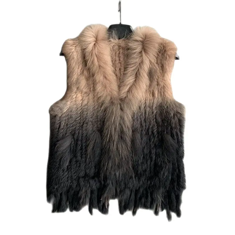 

2023 Rex Rabbit Knitted Winter Free Shipping Womens Natural Real Rabbit Fur Vest With Raccoon Fur Collar Waistcoat/jackets